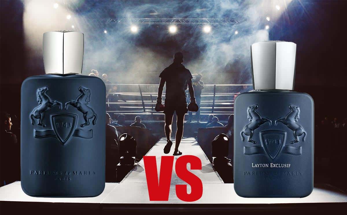 A bottle of PDM Layton facing off with a bottle of Layton Exclusif, depicted in front of a boxing ring.