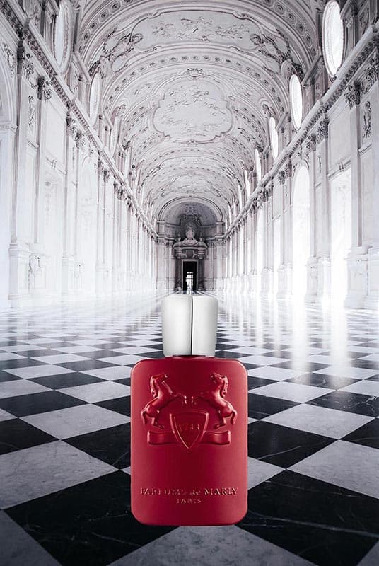A bottle of Parfums de Marly Kalan depicted in a palace hallway. 