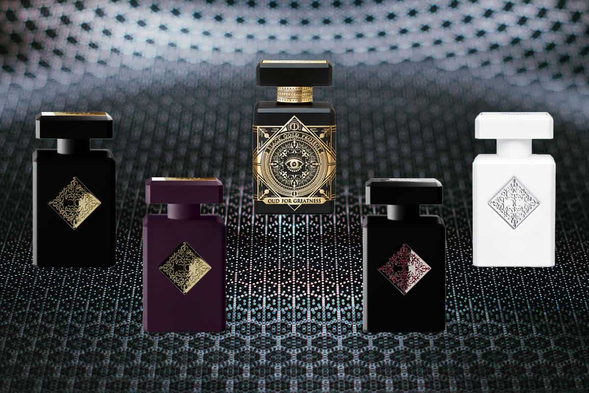5 different Initio Parfums Prives fragrance bottles lined-up in formation.