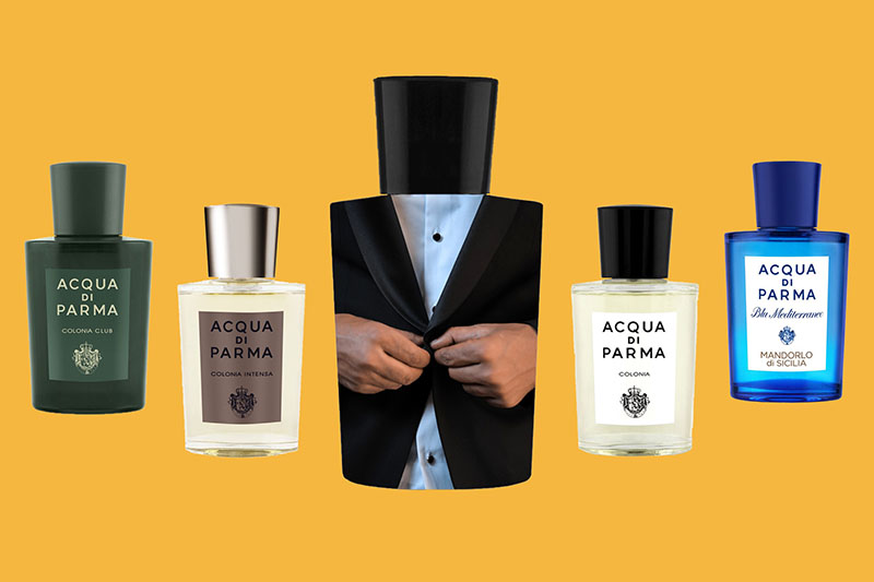 5 different Acqua Di Parma cologne bottles lined-up against a yellow background.