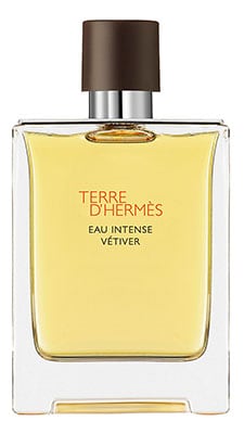A bottle of Hermes Terre d'Hermes Eau Intense Vetiver.