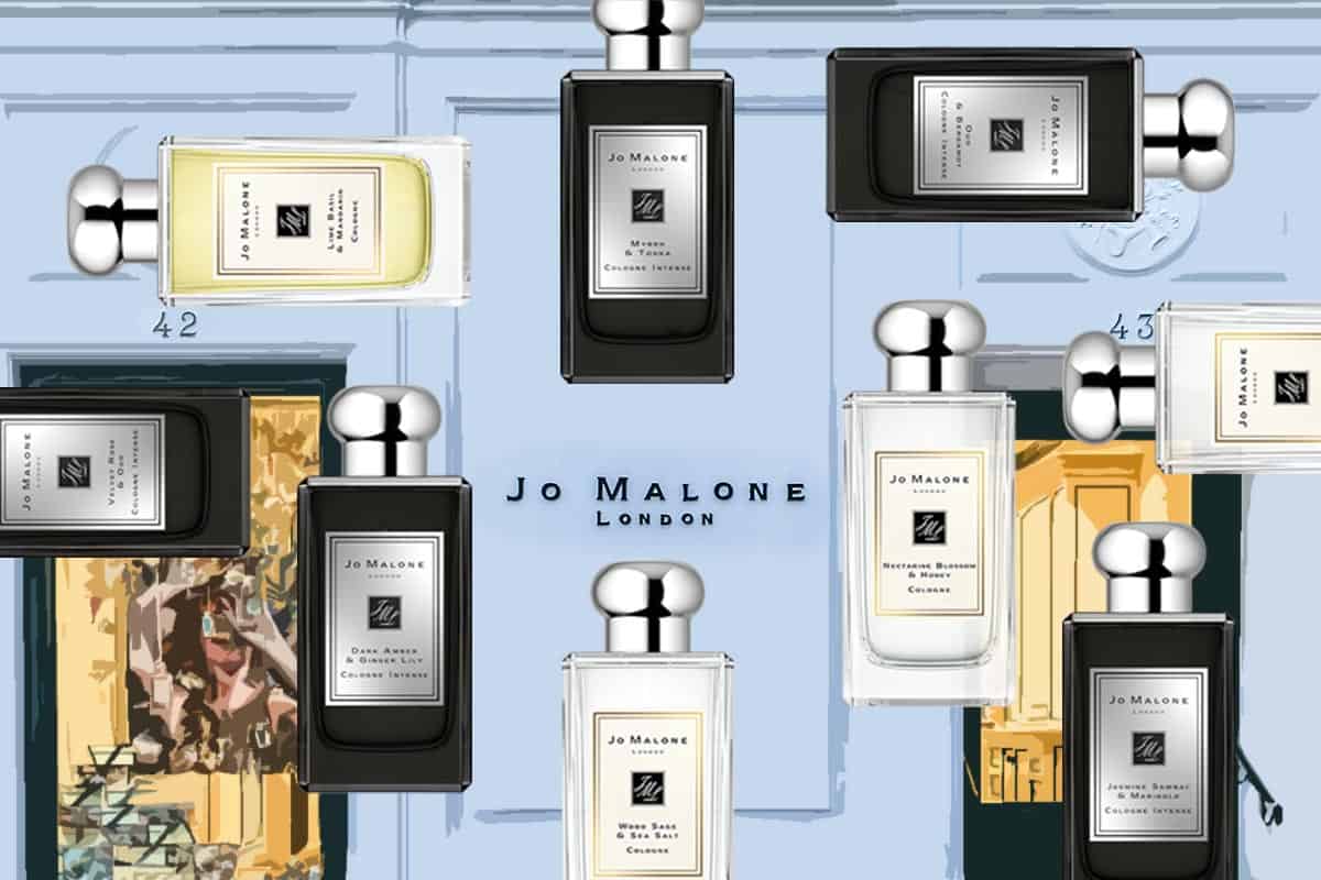 9 different Jo Malone perfume bottles arranged in a pattern, depicted outside a Jo Malone London storefront. 