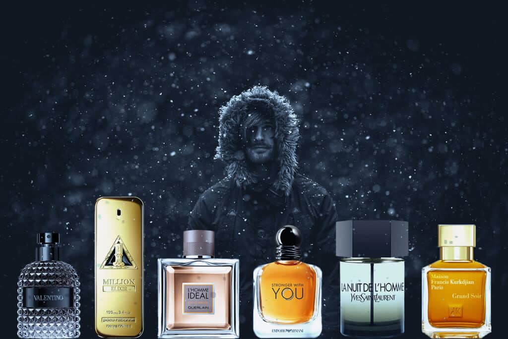 man in a snowy scene wearing a jacket, depicted with 6 cold weather fragrances.