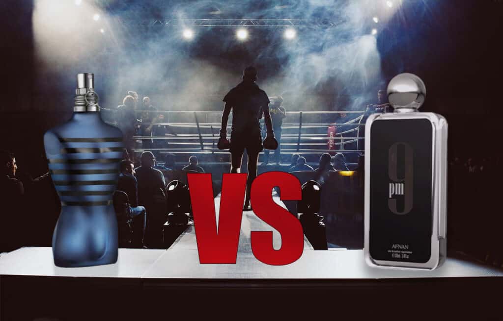 A bottle of Afnan 9pm facing off with a bottle of Jean Paul Gaultier Ultra Male, depicted in front of a boxing ring.