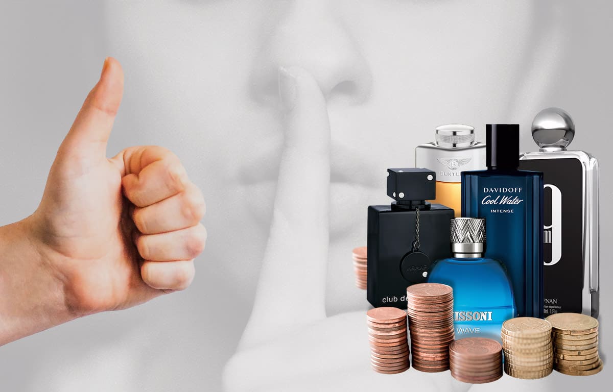 A selection of 5 of the best cheap colognes depicted next to some coins with a hand giving the thumbs-up next to them.