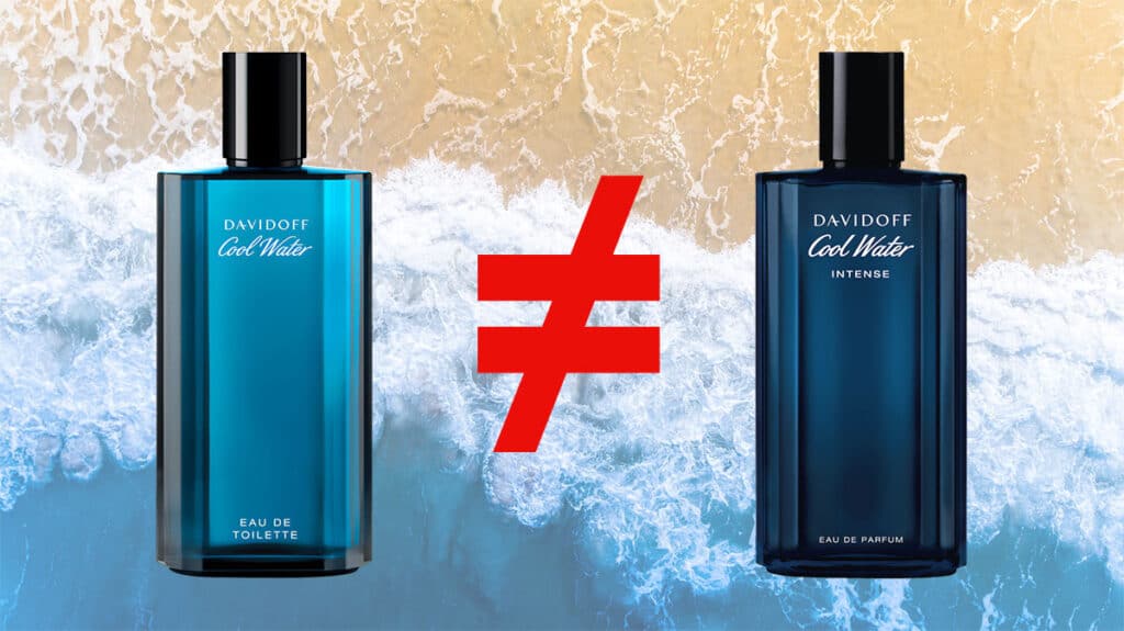 A bottle of Davidoff Cool Water next to a bottle of Cool Water Intense with a not equal symbol in-between them.