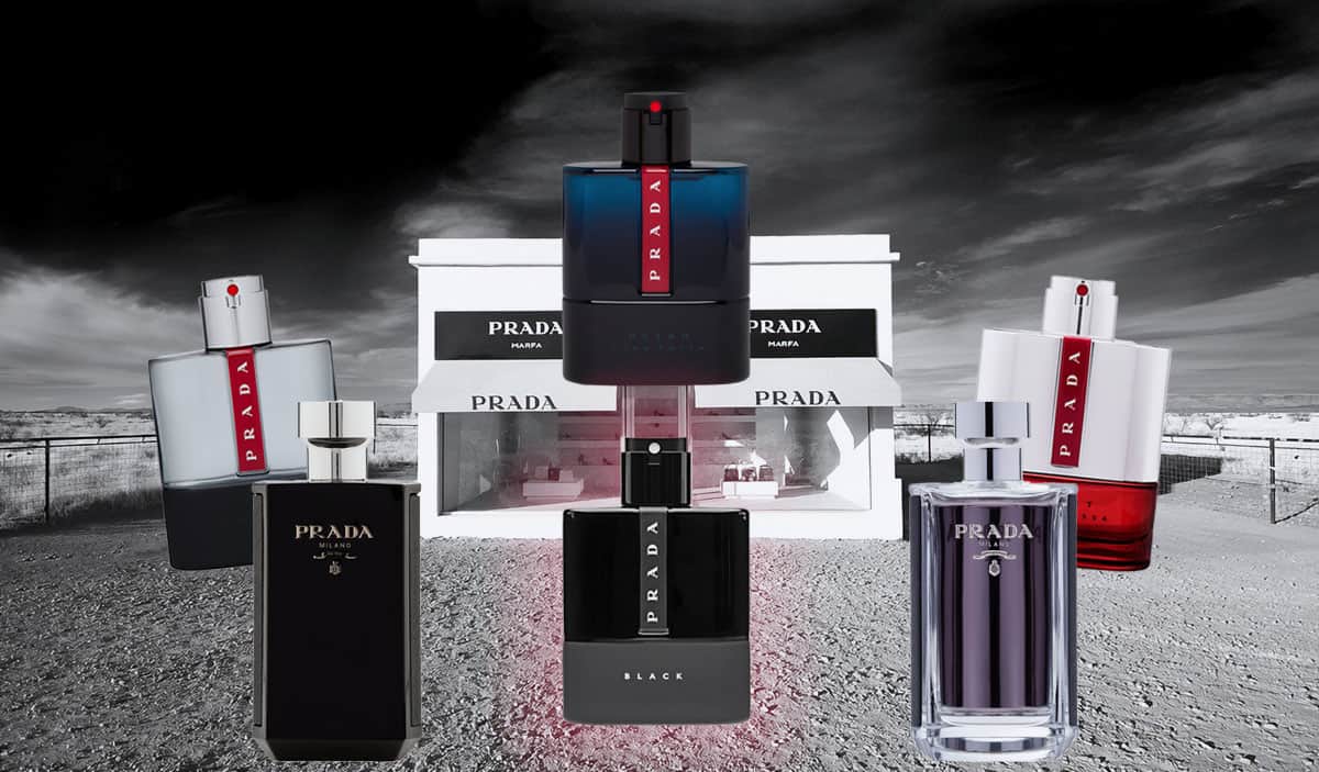 A selection of 6 different Prada colognes depicted in front of the Prada Marfa.