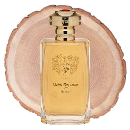 A bottle of Maitre Parfumeur Et Gantier Santal Noble in front of the fresh cut end face of a wooden log.
