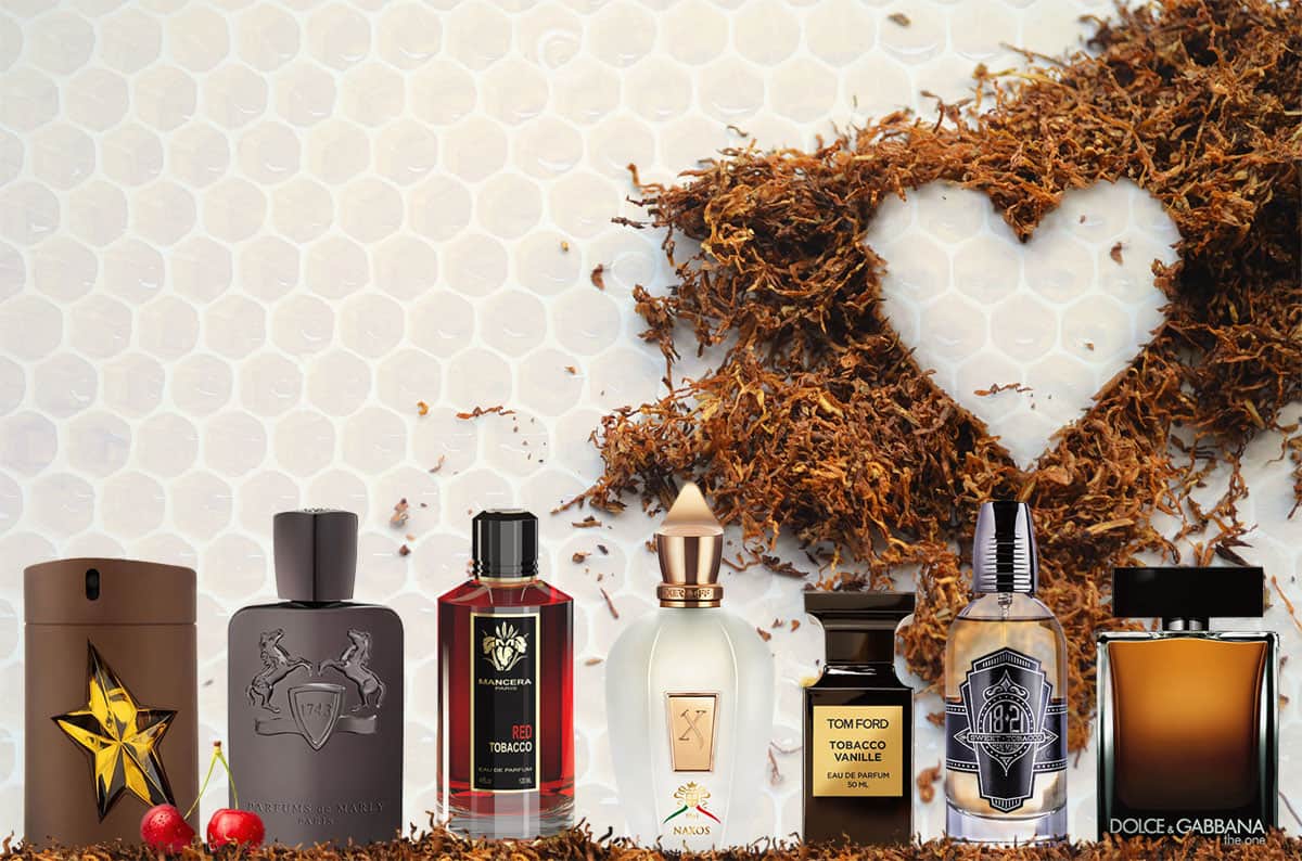 7 different branded tobacco scented cologne bottles lined up alongside some pipe tobacco that is shaped like a heart with a honeycomb background.