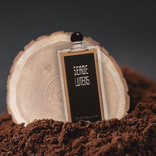 A bottle of Serge Lutens Santal Majuscule in front of the cut end face of a wooden log, both partially buried in a pile of cacao powder.