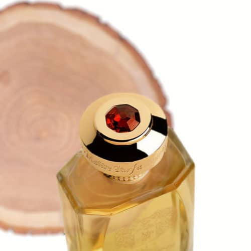 A close-up of the red Swarovski crystal stone on top of the engraved cap of a bottle of Maitre Parfumeur Et Gantier Santal Noble.