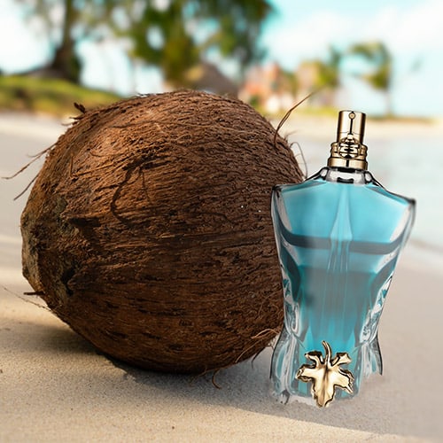 A bottle of Jean Paul Gaultier Le Beau partially buried in the sand on the beach, next to a coconut with the shoreline and palm trees in the background.