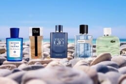 5 different branded summer cologne bottles lined up next to each other, all sitting on top of some stones on the seashore with the sea horizon in the background.