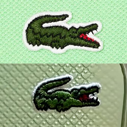 A close-up comparing the embroidered material crocodile logo sewn on the front of a light green colored Lacoste L.12.12 polo shirt, against a close-up of an embroidered material crocodile logo adhered to the front face of a bottle of Lacoste L.12.12 Blanc Eau Fraiche.