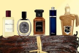 A selection of 5 of the best vanilla perfumes bottles from different brands lined up sitting on top of a bundle of vanilla pods.