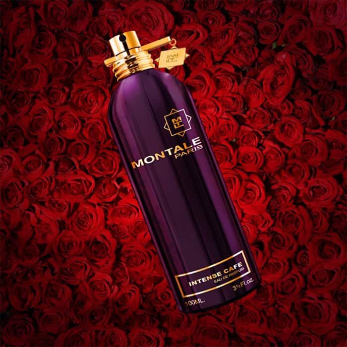 A close-up of an illuminated bottle of Montale Intense Cafe with a dense wall of dark red roses in the background.