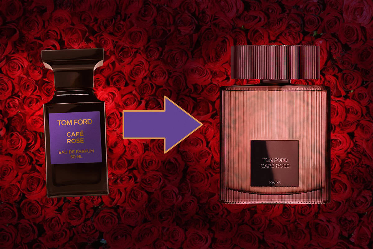 An old-style, discontinued presentation bottle of Tom Ford’s Private Blend Cafe Rose is on the left. And on the right, for comparison, is the newly rebranded Signature Collection Cafe Rose presentation bottle. There is an arrow in-between the two bottles pointing to the new style bottle. Both bottles are illuminated and there is a dense wall of dark red roses in the background.