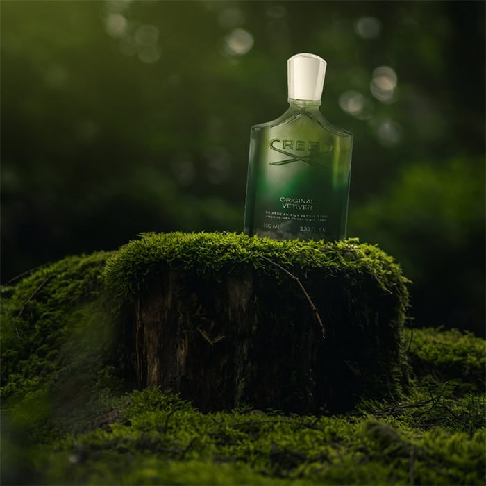 A close-up of a bottle of Creed Original Vetiver sitting on top of an old green moss-covered tree stump in the forest.