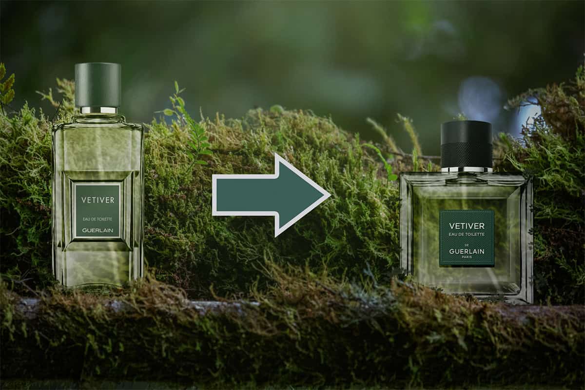 A close-up of an old-style presentation bottle of Guerlain’s Vetiver De Guerlain EDP next to a newly re-designed presentation bottle. Both bottles are sitting on a horizontal moss-covered tree branch in a green forest. Between the two bottles is a green arrow pointing from the old bottle to the new bottle.