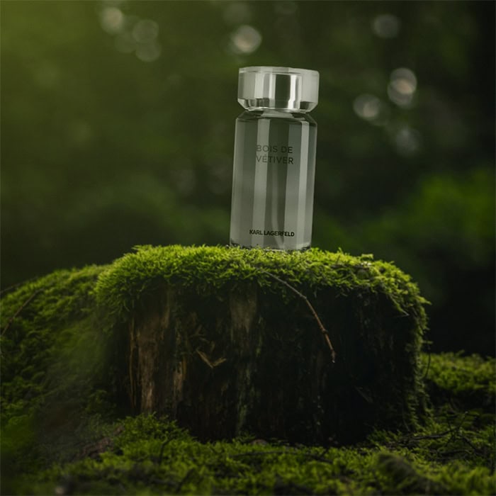 A close-up of a bottle of Karl Lagerfeld Bois De Vetiver sitting on top of an old green moss-covered tree stump in the forest.