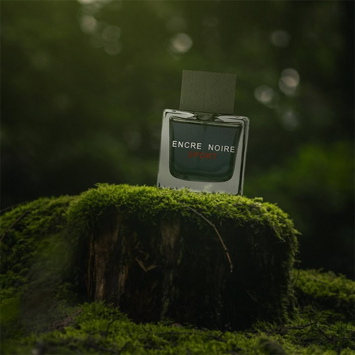 A close-up of a bottle of Lalique Encre Noire Sport sitting on top of an old green moss-covered tree stump in the forest.