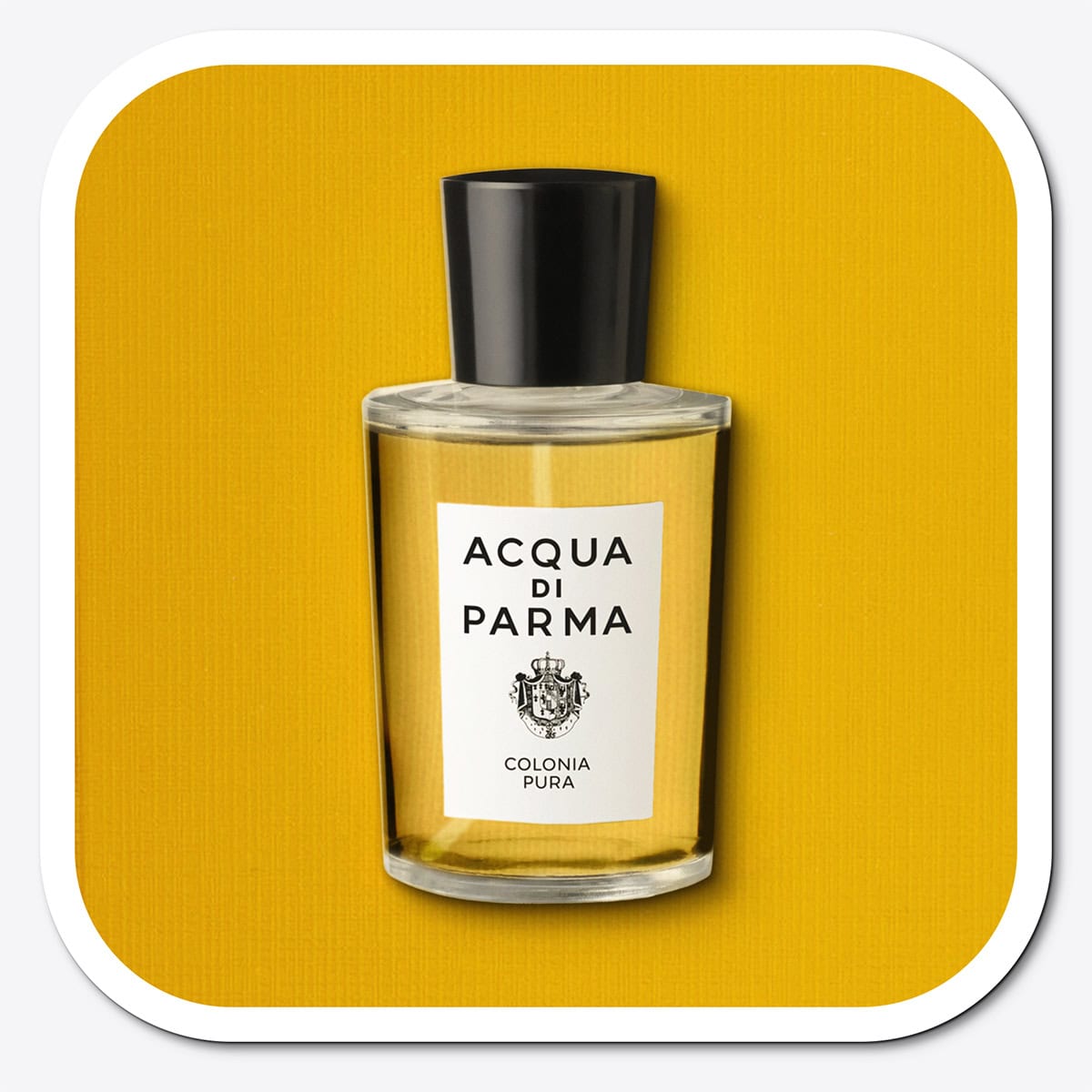 A close-up of the front face of a bottle of Acqua Di Parma Colonia Pura. The bottle is placed on its side, label side up, and is resting on a yellow-colored textured surface.